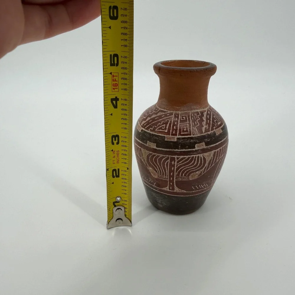 Vintage Handcrafted Terracotta Sgraffito Pottery Vase Folk Art Etched Faces 4.5